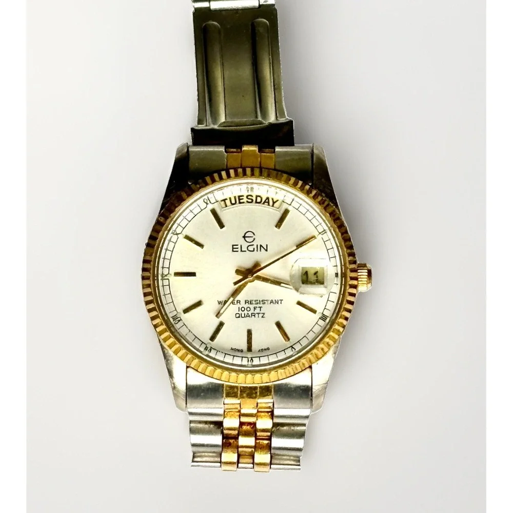 Vintage Elgin FC412 6M55 Two-Tone Day-Date Quartz Men's Watch 100ft